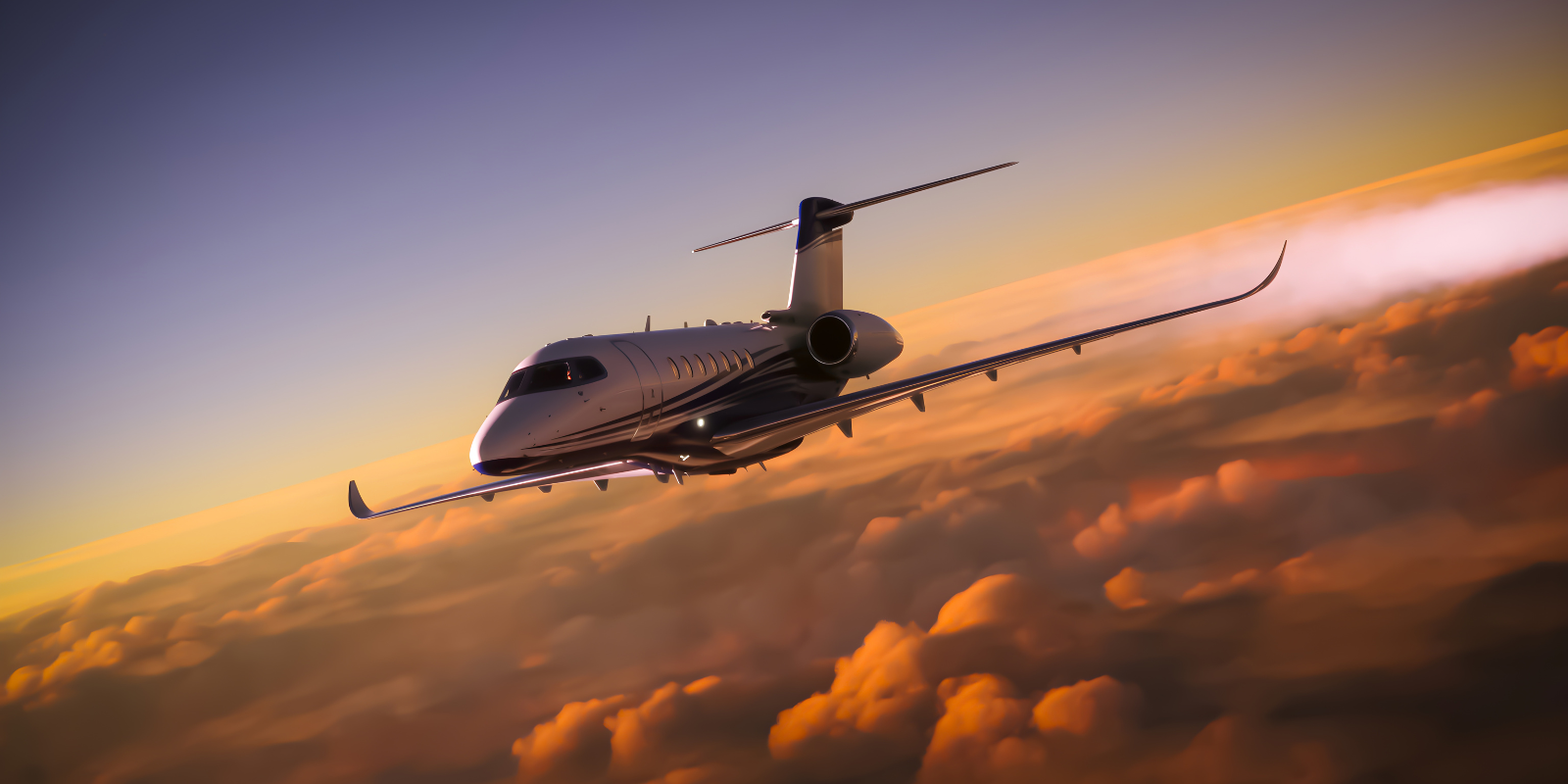 private jet flying over sunset clouds